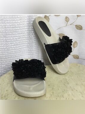 Zara Black and White Plastic Ruffle Slide Sandals